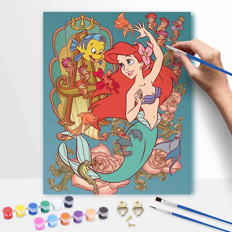 Disney Little Mermaid Oil Paint by Numbers Painting Kit Handmade Diy Home Decor Gifts for Adults Canvas Wall Art Hobby Craft Project Set