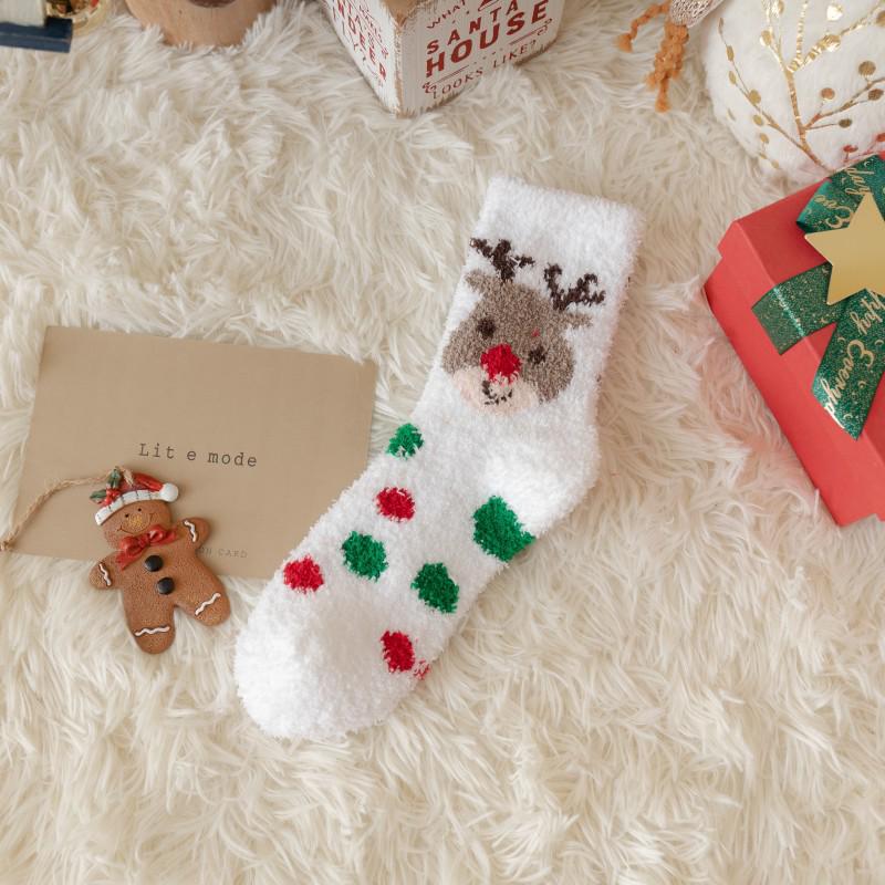 Women's Mid-Calf Coral Fleece Socks - Cute Reindeer and Snowman Design, Perfect for Autumn and Winter