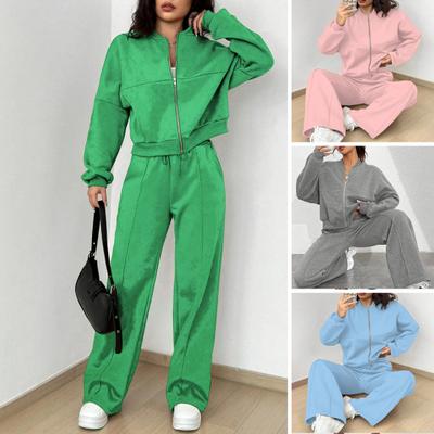 2 Pcs/Set Women Coat Pants Set Stand Collar Long Sleeve Zip-up Elastic
