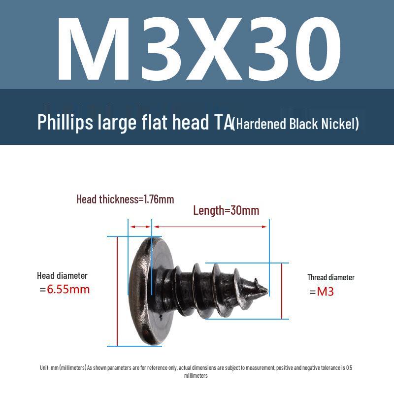 Yigu Black Nickel Hardened Phillips Flat Head Self-Tapping Screws M3-M5, Carbon Steel, Coarse Thread, Pointed Tail