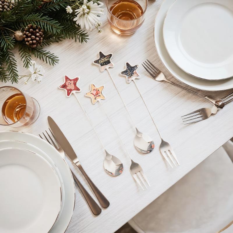 2/6PCS Christmas Stir Spoon And Golden Dessert Fork Set With Five Star Tree Design For Christmas Eve Party Gift Tableware