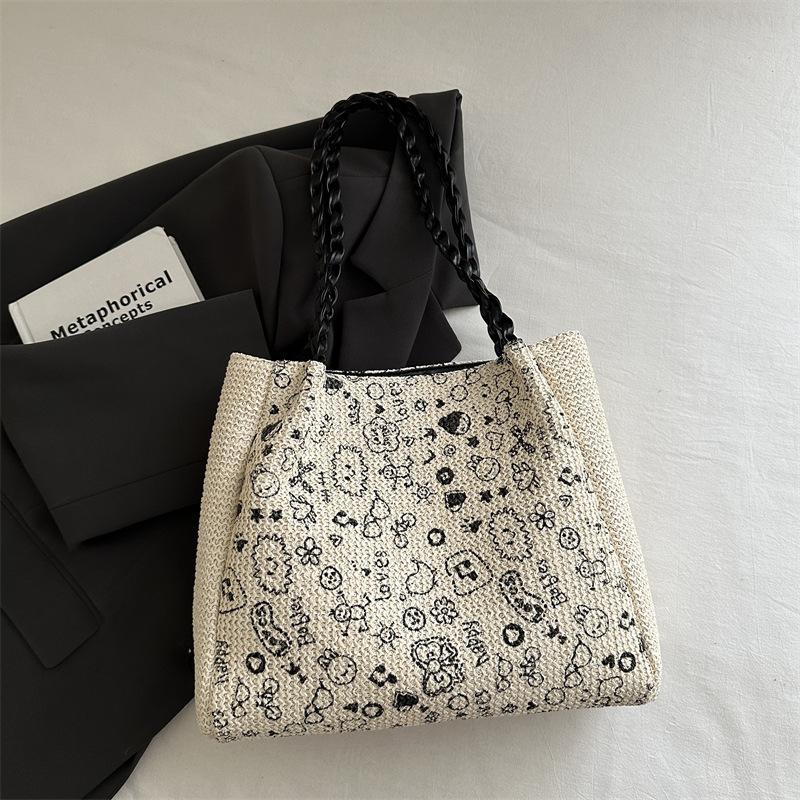 Korean leopard print handbag autumn and winter retro woven knitted bag fashionable large-capacity tote bag female cute student