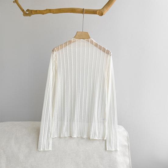 Women Sunscreen Tops Half High Collar Long Sleeve Perspective Mesh Tops Lace Lines Texture Blouse Daily Wear
