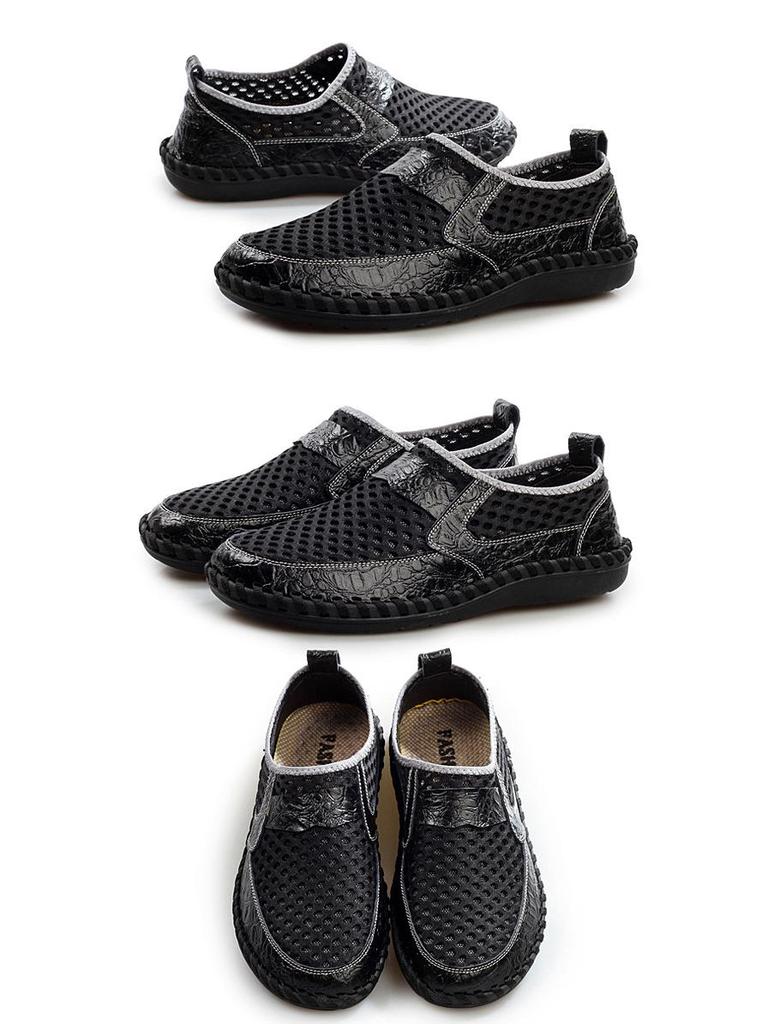 Men's Breathable Crocodile Pattern Mesh Shoes, Genuine Leather, Large Size, Summer Collection.