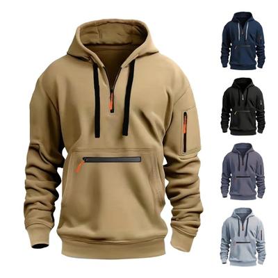 Fall Winter Men Hoodie Zipper Decor Hooded Long Sleeves Loose Pure Color Multi