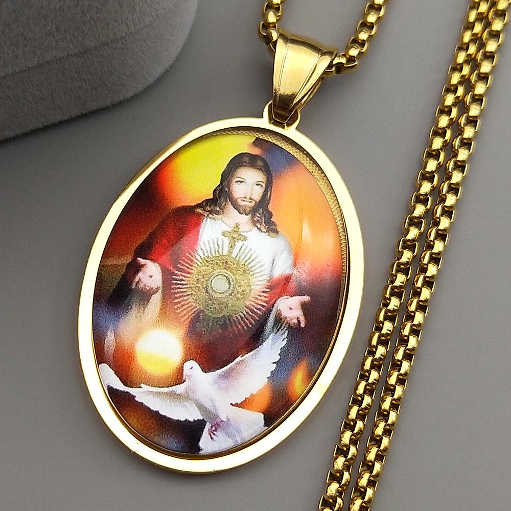 Christian Jesus Dove Glass Pendant Necklace for Women Men Stainless Steel Gold Silver Color Religion Faith Amulet Jewelry Gift