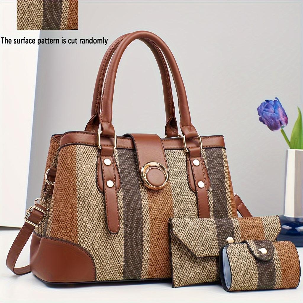 Classic Striped Women's Handbag Set, High-Quality Fashionable Versatile Three-Piece Set