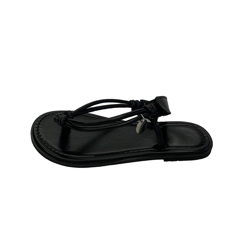 

Fashion Brand Design Rope T-Strap Sandals Woman Retro Weaved Flip Flops Ladies Summer Metal Stamp Deco Flat Casual Slingback Shoes 40 чёрный