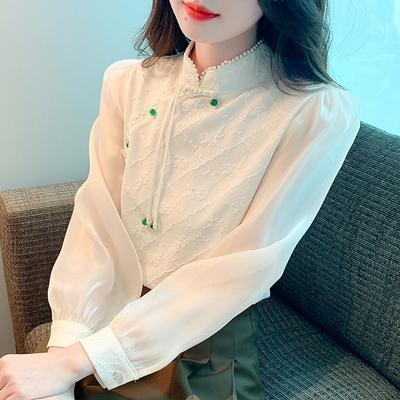 Blusa de gasa color albaricoque con cuello alto y manga larga estilo chino, estilo otoño 2024, blusas para mujer, J444