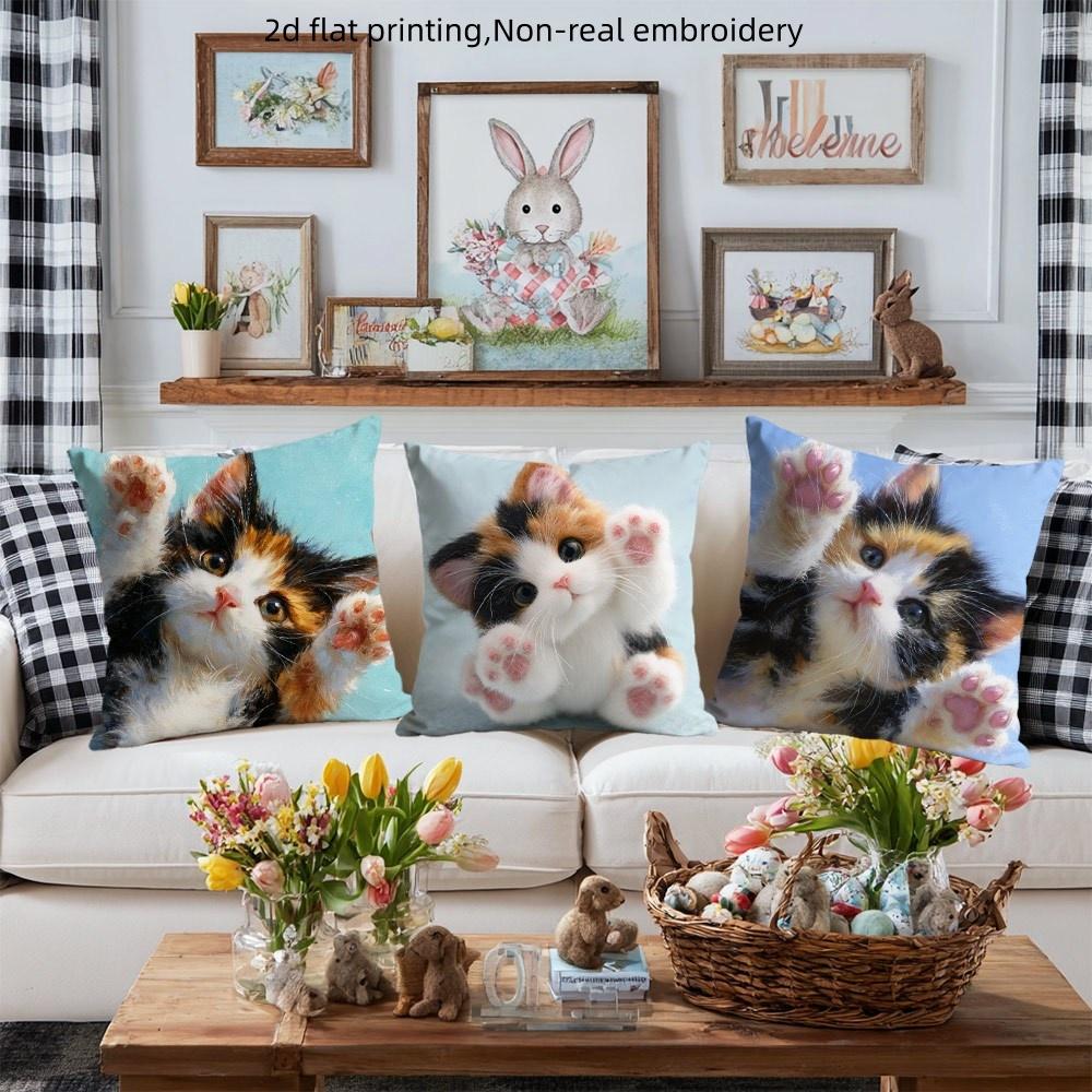 4Pcs Double-Sided Printed Throw Pillow Covers, Cute Kitten With Paw Print Cushion Cases, Cat Lover Decor For Bedroom Living Room