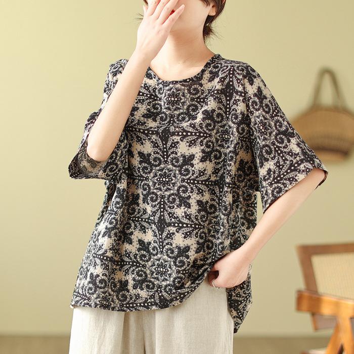 

Cotton and Linen Large Size Retro Loose Printed Top Summer New Casual Meat Covering Age-reducing Bat Sleeve T-shirt for Women 2XL