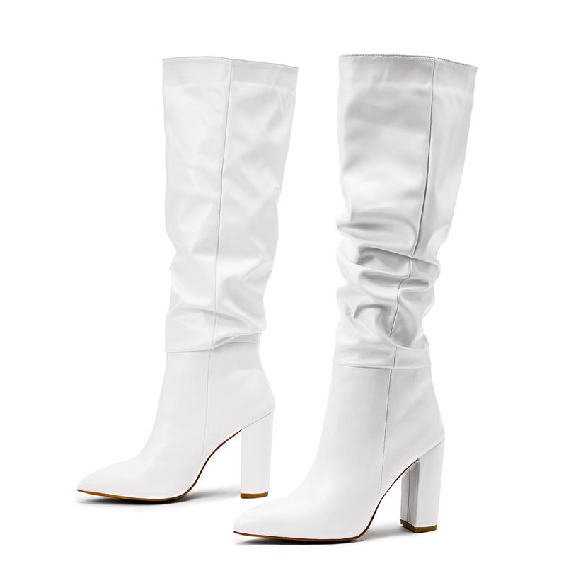 Spring Fashion Pleated Women Boots Chunky High Heels Ladies Boots Sexy Knee High Slip On Pointed Toe Botas Shoes