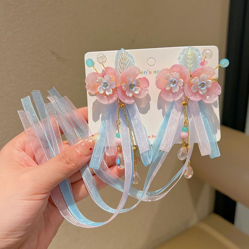 1 Pair Ancient Chinese Hanfu Girl'S Tassel Hair Clip Princess Style Flowing Silk Hairpin Adorable Headwear For Little Girls