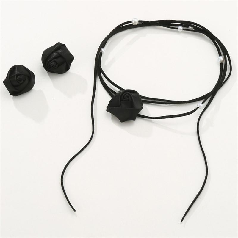 Stylish Camellia Jewelry Set Unique Flower Beaded Necklace and Earrings Floral Theme Neckchain Ear Studs Ornament