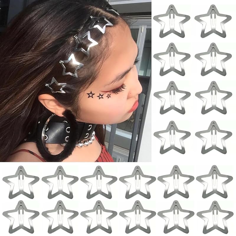20 PCS 1.22 Inches Star Hair Clips Snap Star Hair Barrettes Cute Lovely Accessories, Non Slip Clips for Girls Women 2000s Y2K Silver Metal Hair Clips