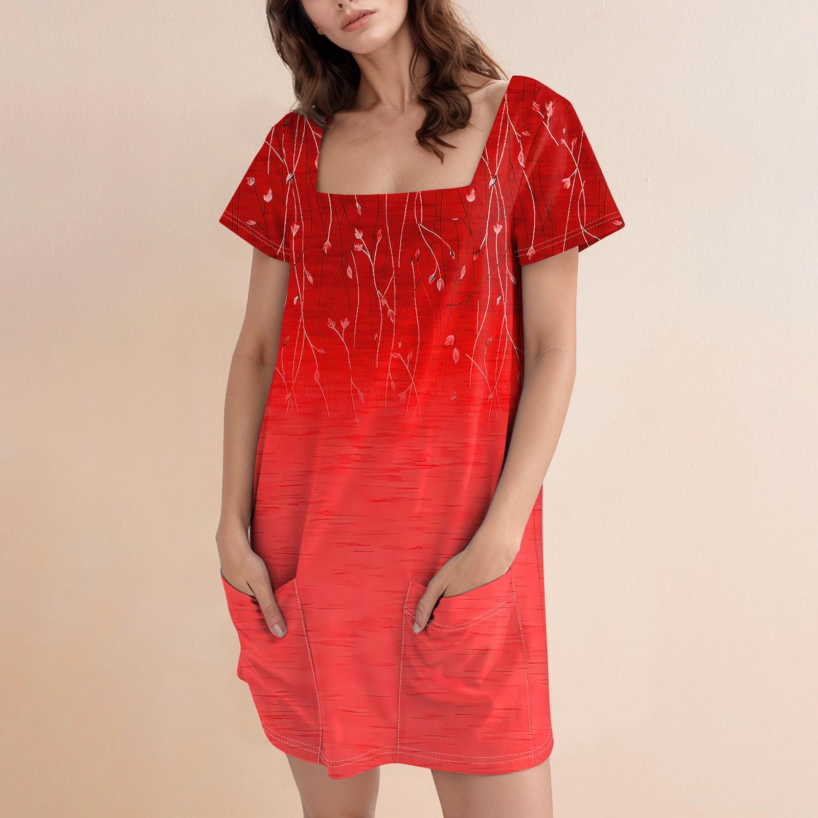 

Женское модное повседневное платье с квадратным вырезом и коротким рукавом S красный