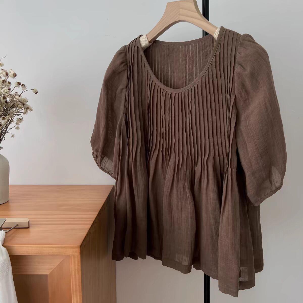 

Работа с избыточным весом! Полностью отжатый вручную натуральный жатый хлопок и лен, свободный короткий рукав пять четвертей, круглый вырез, женская рубашка-пуловер 2XL