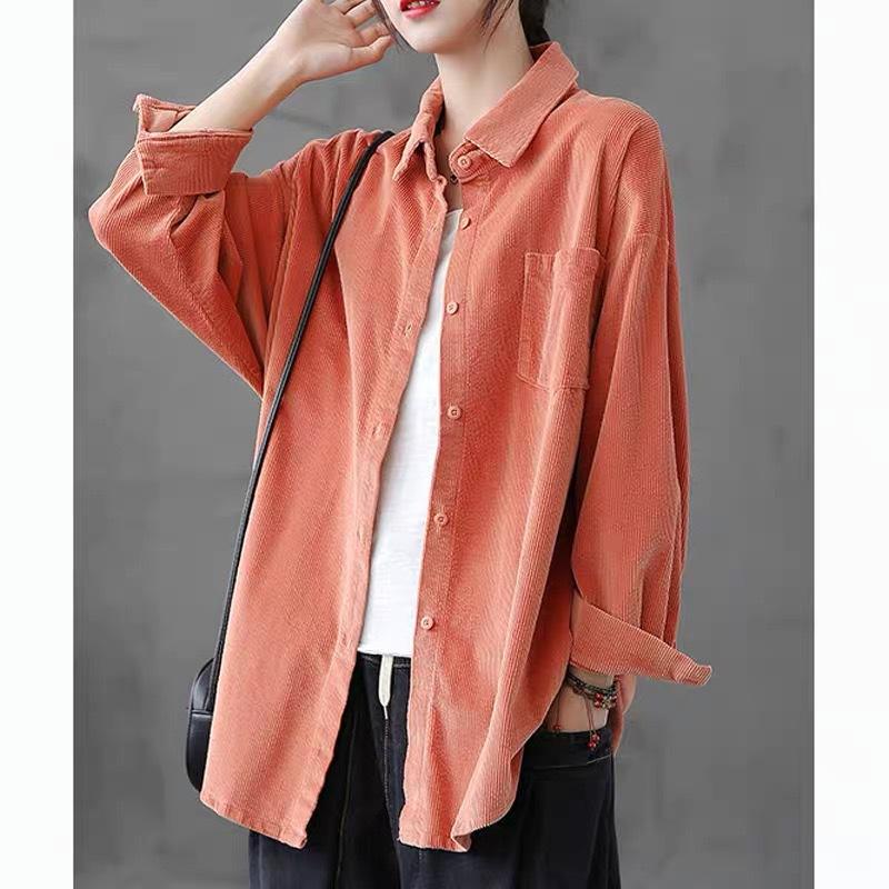 Literary Retro Corduroy Long-sleeved Shirt for Women's Versatile Casual Shirt Autumn Top Wrinkle Resistant Solid Color Oversized Corduroy Shirt