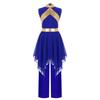 Praise Dance Costume for Kids Girls: Asymmetrical Sleeveless Metallic Dress & Comfortable Wide-Leg Pants with Elastic Waist