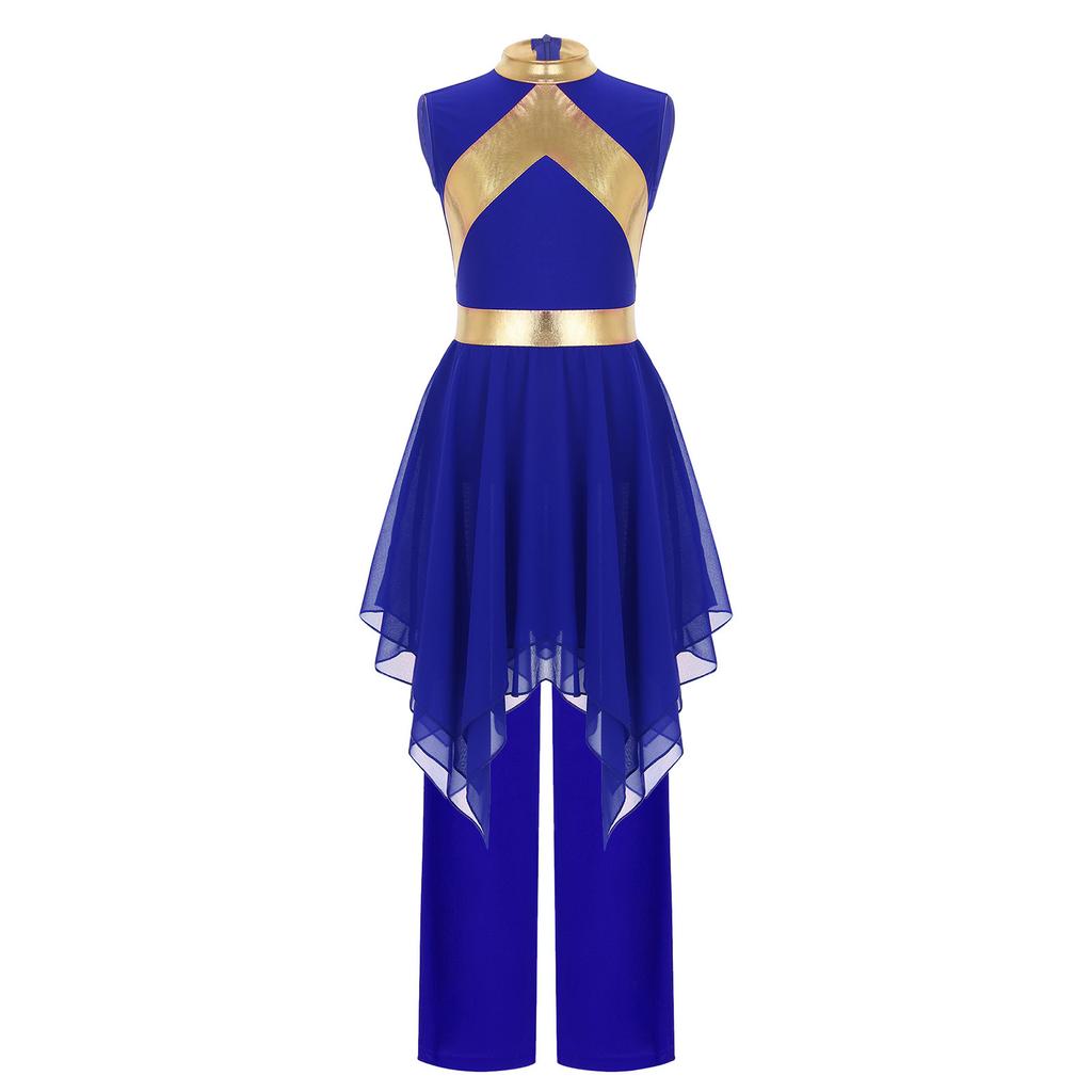 Praise Dance Costume for Kids Girls: Asymmetrical Sleeveless Metallic Dress & Comfortable Wide-Leg Pants with Elastic Waist