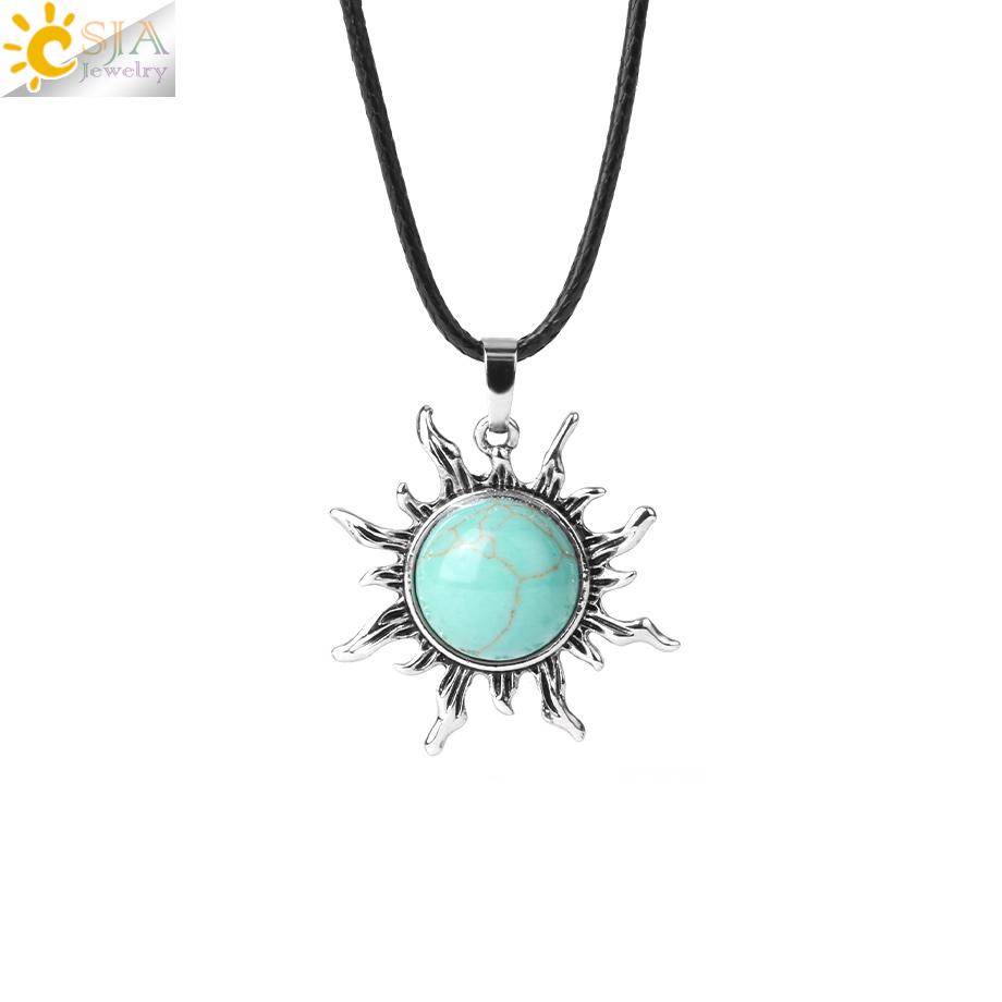 CSJA Vintage Sun Flower Pendant Natural Stone Crystal Necklace Genuine Round Amethysts Pink Quartz Obsidian Lapis Lazuli H120