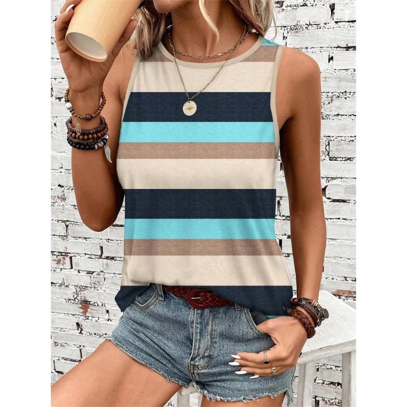 Women's Sleeveless Round-neck Vests Fashionable Geometric Color Block Printed Summer Street Fashion Casual Wear