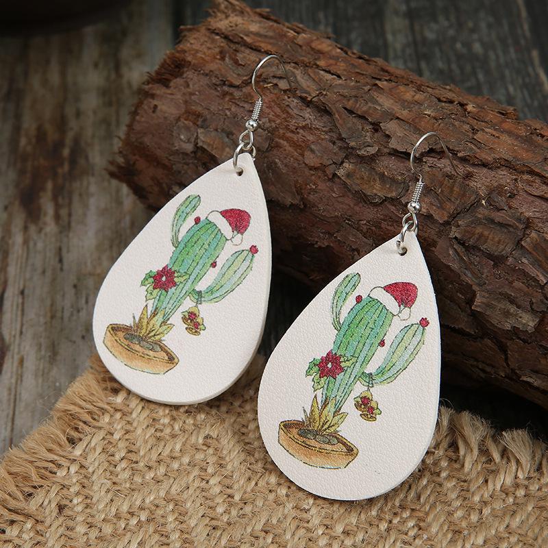 

Cactus Leather Christmas Hat Flower Pattern Double-sided Earrings