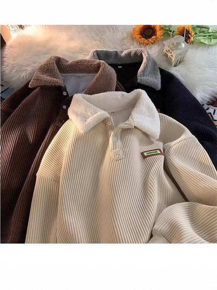 Men's Corduroy Polo Collar Sweatshirt, Autumn/Winter Style with Velvet and Lamb Wool, Hong Kong Fashion for Teens