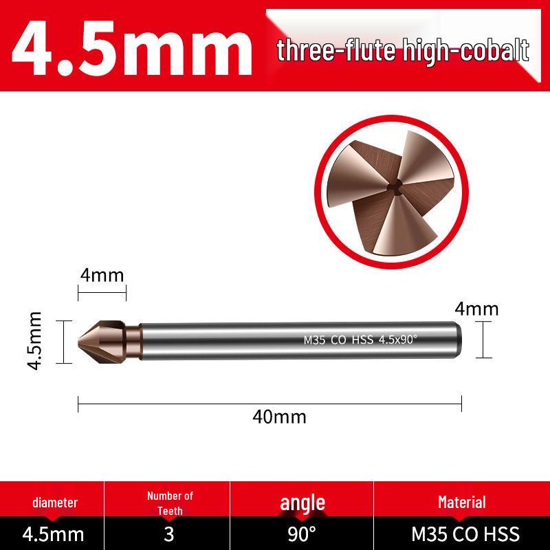 Straight Shank Single-Edge 3-Flute 45° Chamfering & Deburring Countersink Drill Bit, 90° Inner Hole Trimmer