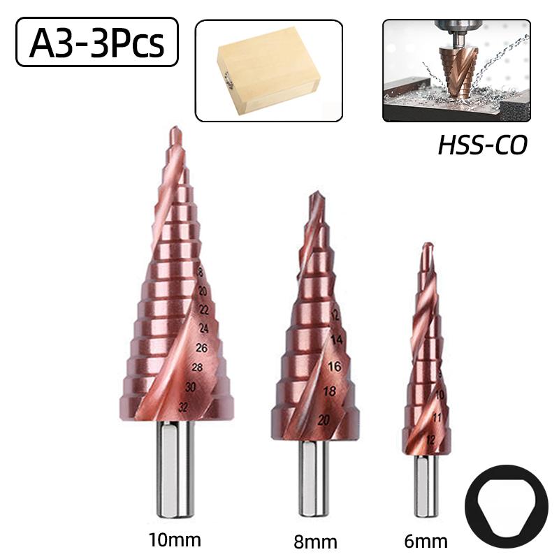HSS-CO M35 Kobalt Stufenbohrer Spiralnut Dreieckiger Sechskantschaft Edelstahl Metall Lochschneider Konische Stufenbohrer Werkzeuge
