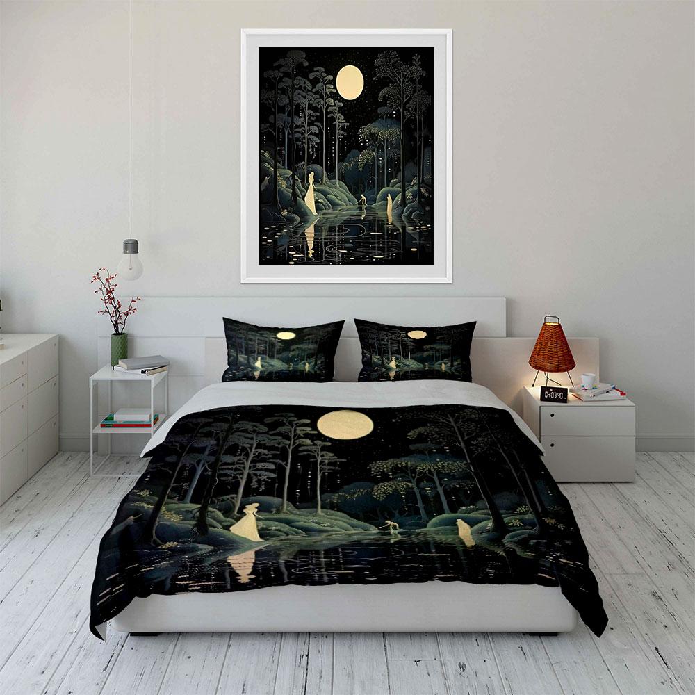 "Moonlit Forest Night Decor" Bedding Set with 1 Duvet Cover 2 Pillowcases Single Double King Queen, Gift