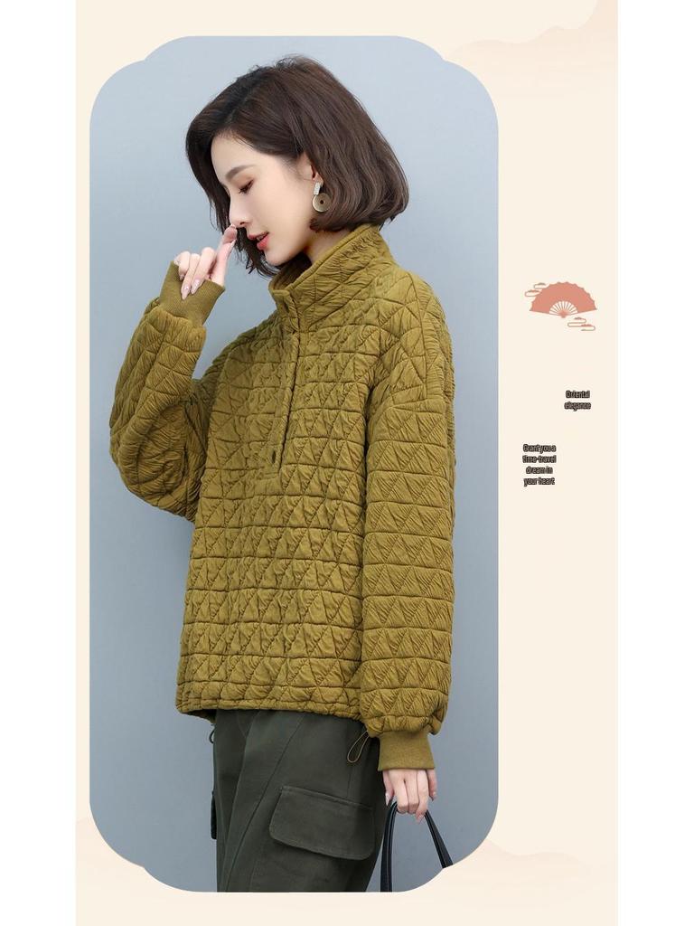 Women's 2024 Autumn/Winter Quilted Sweatshirt - Loose Casual Pullover for Middle-Aged Fashion