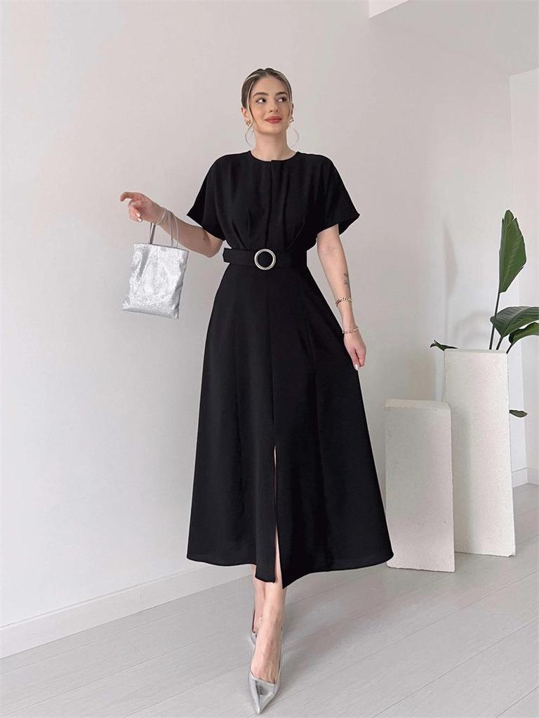 2024 Spring/Summer Pleated Drawstring Women's Maxi Dress - Solid Color Fashion