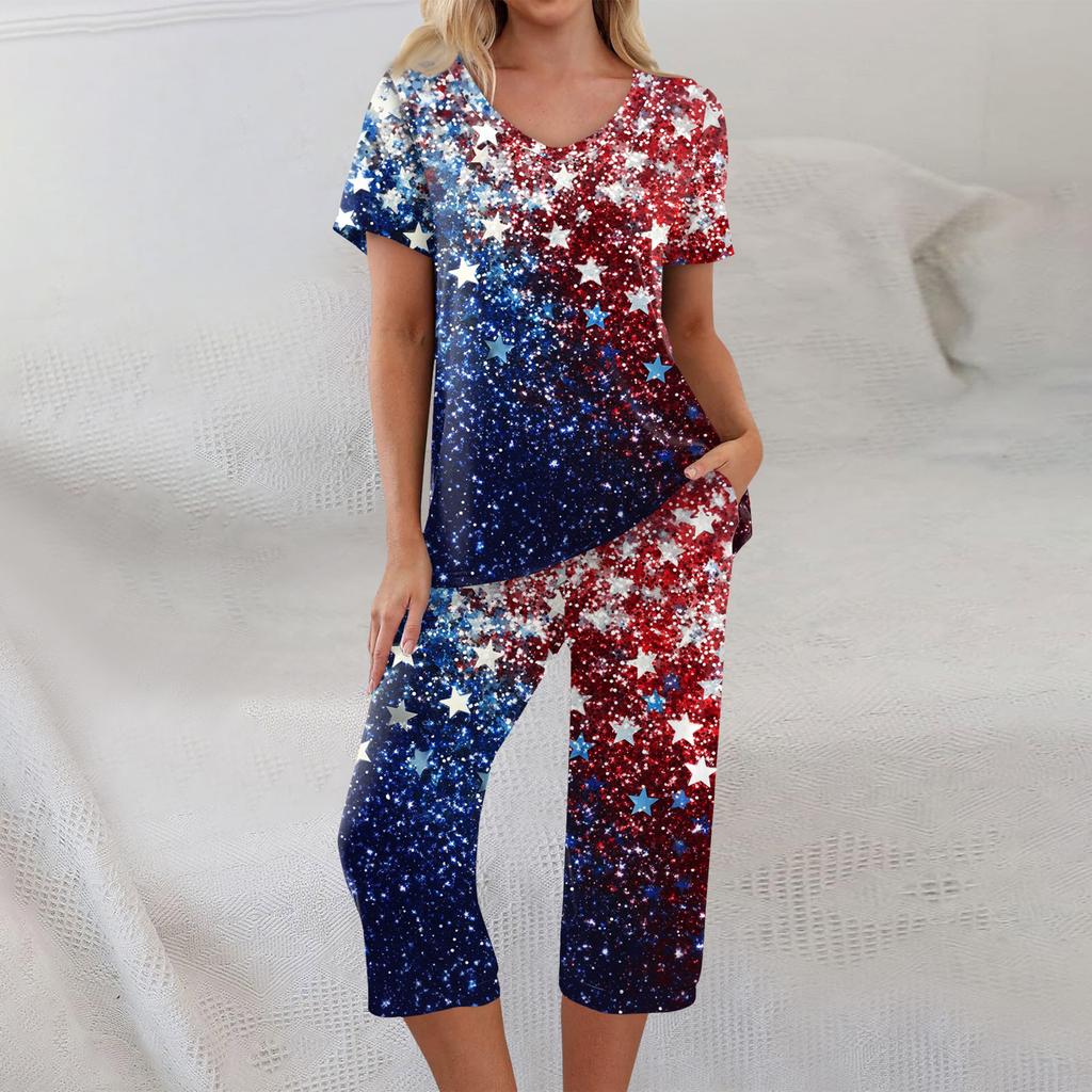 2 Piece Sets For Women Short Sleeve Top And Pants With Pockets Workout Soft  Print Sets