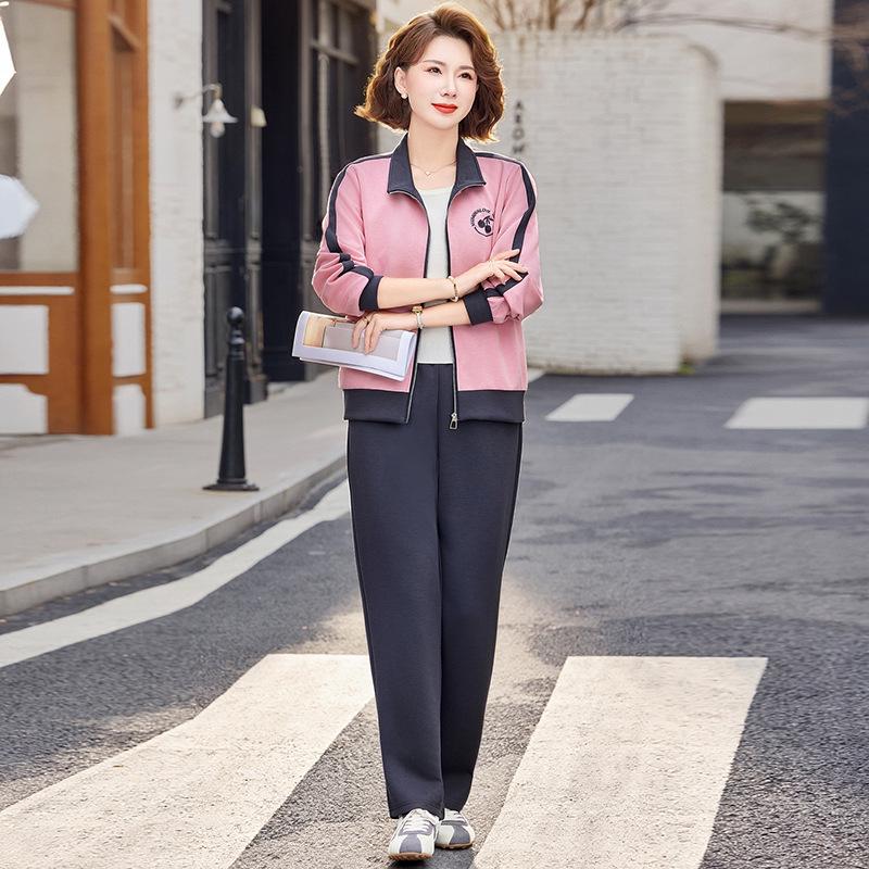 Stylish Colorblock Sportswear Set for Women - Perfect for Spring and Autumn Middle-aged Mothers: Jacket and Pants Two-Piece for an Age-Reducing Look