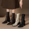Pleated Retro French Ankle Boots with Velvet Lining, Mid-Calf Height, Back Zipper, and Slim Square Toe for Women.