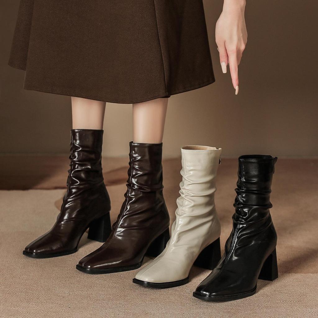 Pleated Retro French Ankle Boots with Velvet Lining, Mid-Calf Height, Back Zipper, and Slim Square Toe for Women.