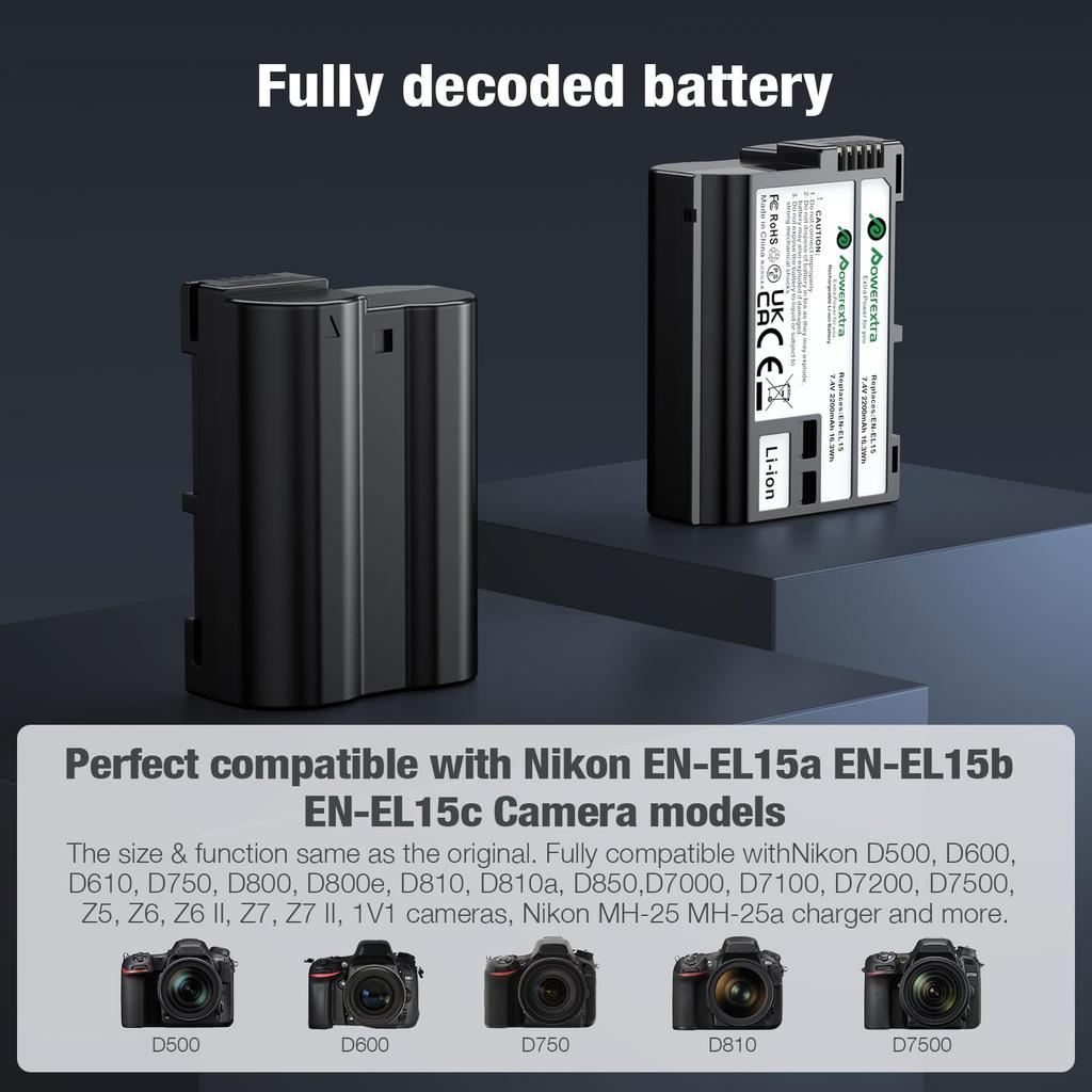 Powerextra and Dual USB Charger Set for Nikon D850 Cameras EN-EL15a, EN-EL15b, EN-EL15c Zf, Z8, Z7, Z7II, Z6, Z6III, D7500, D7000, D7100, D7200, D500,