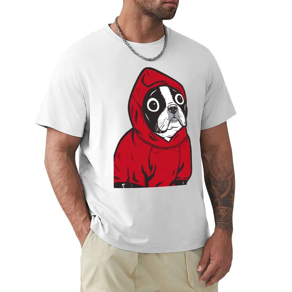 Funny Boston Terrier In A Red Hoodie French Bulldog T-Shirt Men O Neck Pure Cotton T Shirts Funny Dogs Tees Clothing