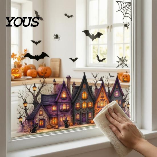 Easy Apply Halloween Decorations 2 Sheets/Set Window Stickers, Retro Haunted Castle Sticker, Static Cling Glass Bat Spider Web Decals, Removable