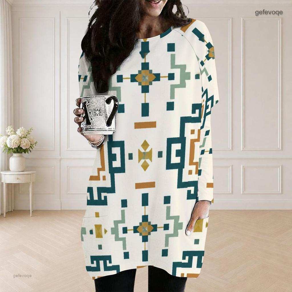 Women Plus Size Round Neck Long Sleeve Loose Black White Printed Longline Tunic With Pockets