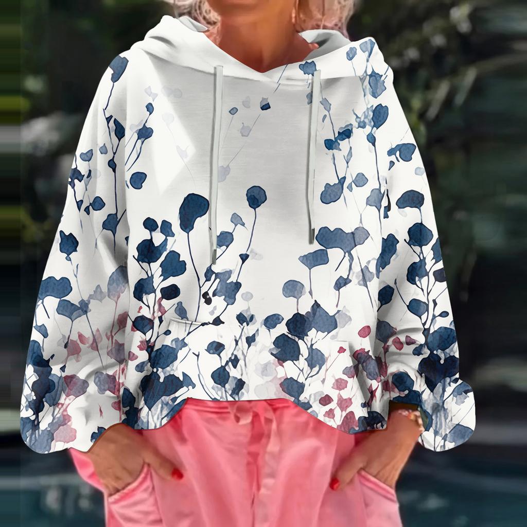 Women's Floral Print Loose Casual Long Sleeved Hooded Sweatshirt