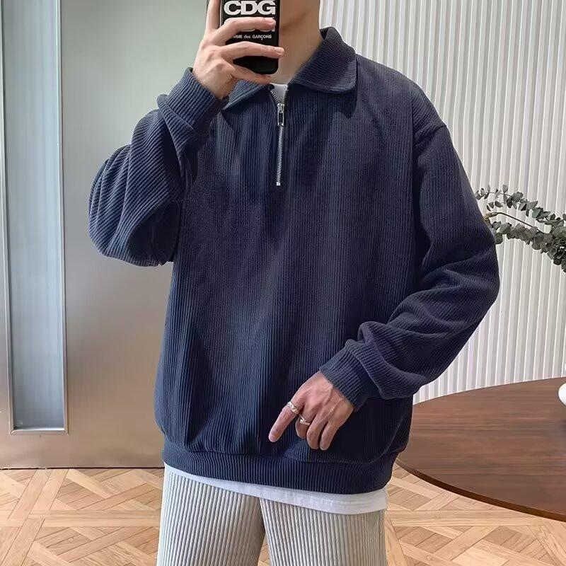 Spring and Autumn New Half Zipper Sweater Men's American Retro Loose Casual Design Niche Top Solid Color Pullover