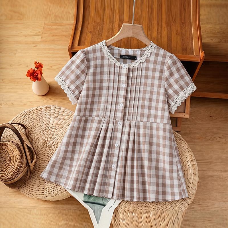 

ZANZEA Women Plaid Print Casual Round Neck Summer Short Sleeve Blouse S хаки