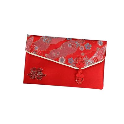 Paroles de bénédiction pour le Nouvel An Enveloppe rouge en brocart Broderie du Festival de Printemps 2025 Poche à argent Fleurs Tissu brocart Pompon
