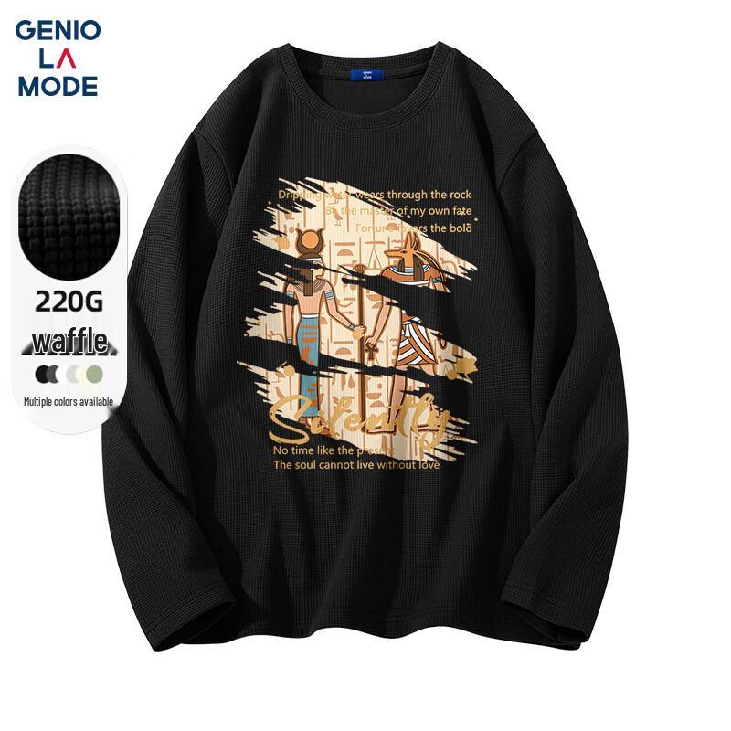 GENIOLAMODE Herren Schweres Waffelstrick Grafik Langarm-T-Shirt