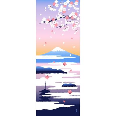 Hamamonyo Illustrated Tenugui - Sea of Clouds Mt. Fuji with Cherry Blossoms, Japanese Hand Towel