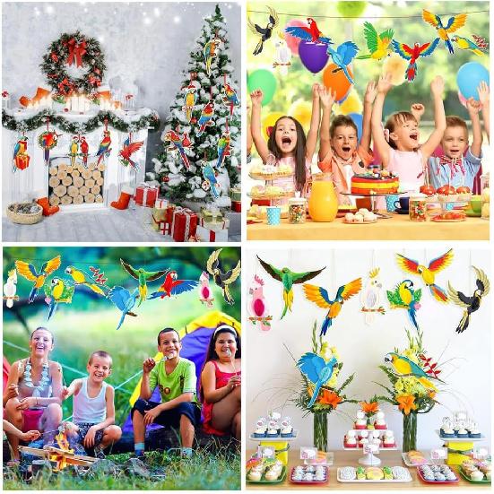 Tropical Birds Honeycomb Parrot Paper 3D Cutouts Hanging Ornaments Hawaiian Themed Luau Party Hanging Decorations for Rainforest Jungle Theme