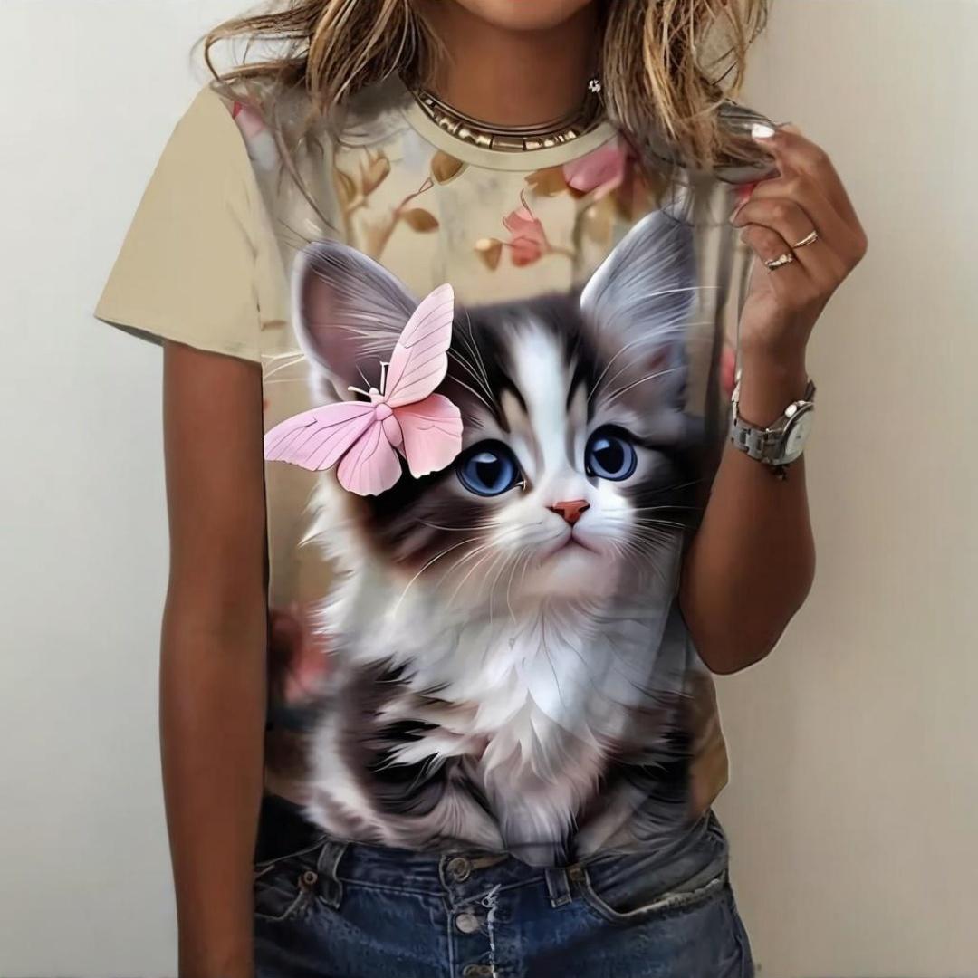 

Футболка с 3D-принтом «Кот из мультфильма», женская, с круглым вырезом и коротким рукавом, летние повседневные топы для активного отдыха, женская одежда больших размеров с изображением животных 3XL