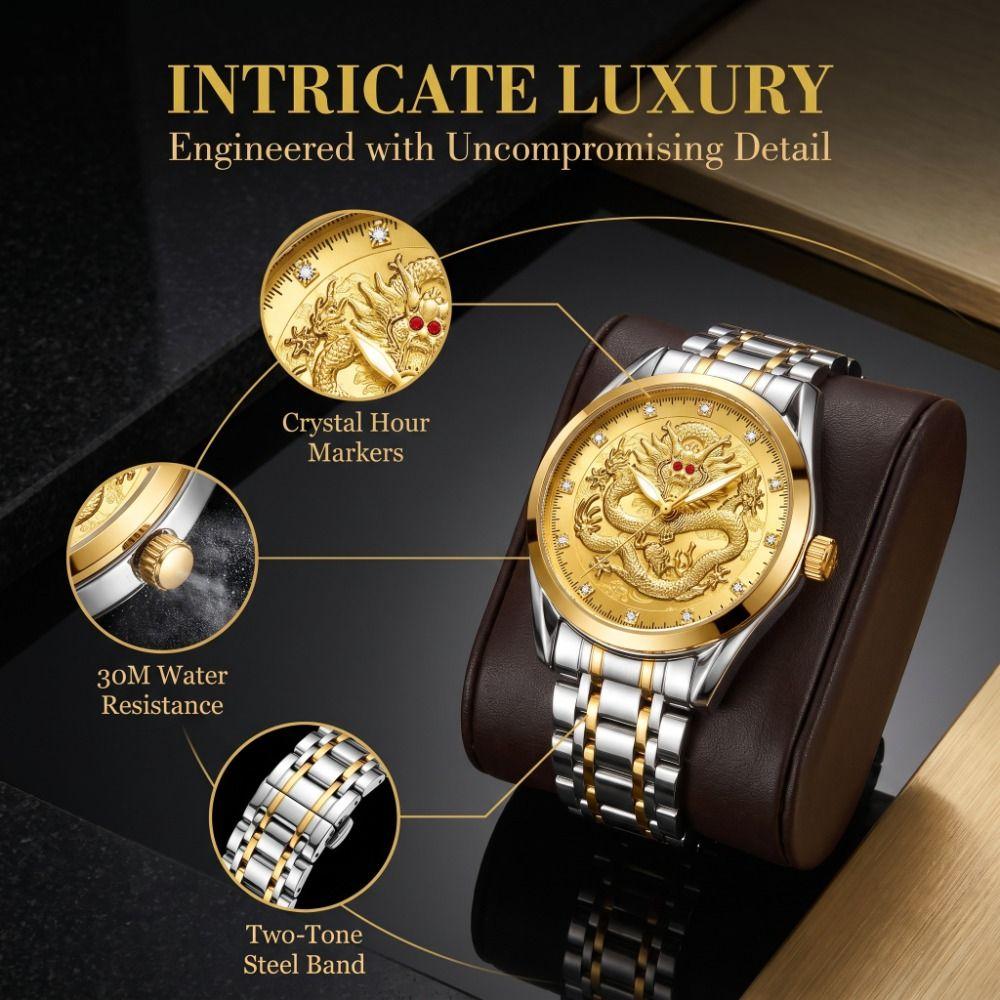 Stainless Steel Band Men's Watch Gold Color Dragon Pattern Clock Fashion Gold Dragon Watch Women